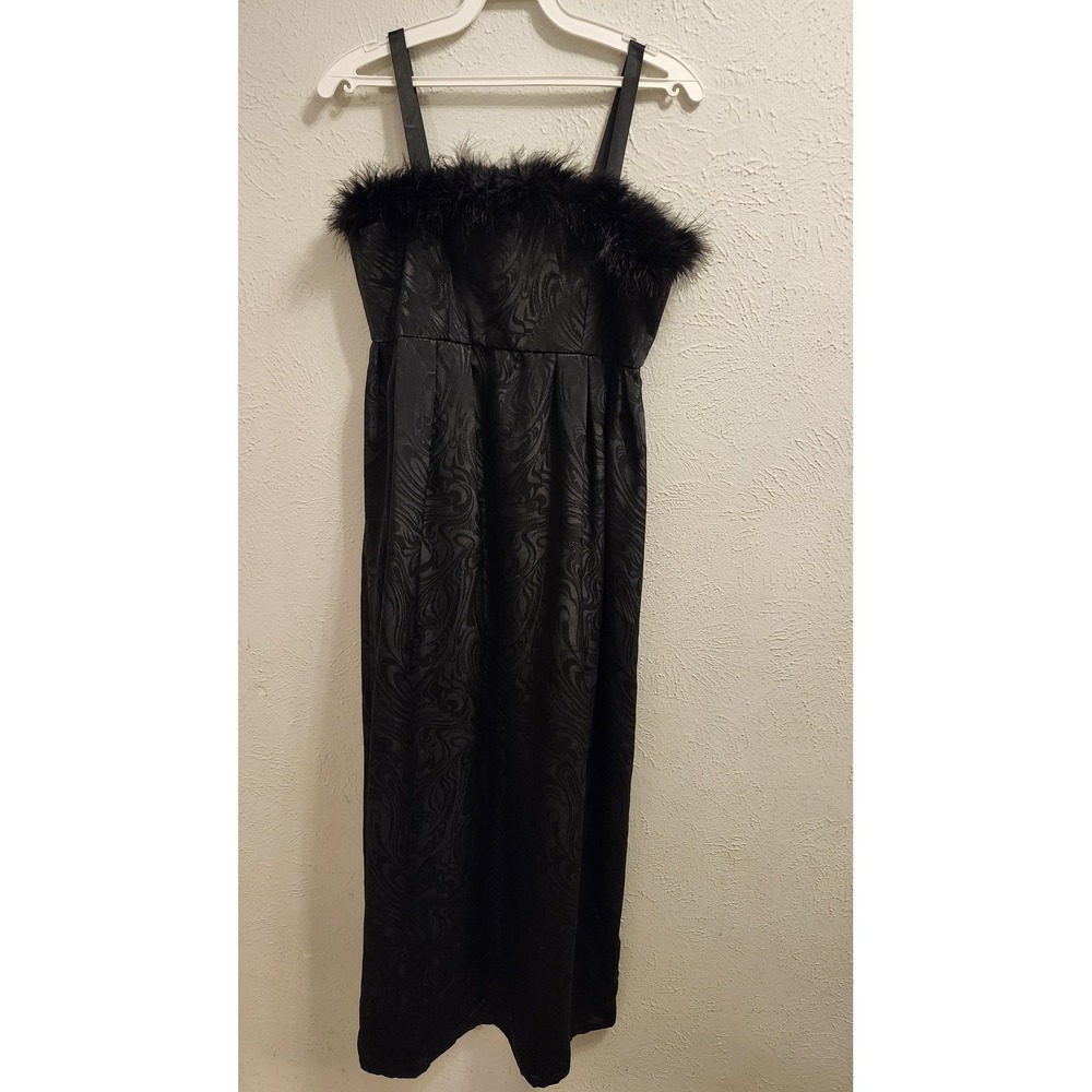 Handmade Jacquard Faux Fur Trim Dress Small Black Spaghetti Strap‎ Cocktail Midi